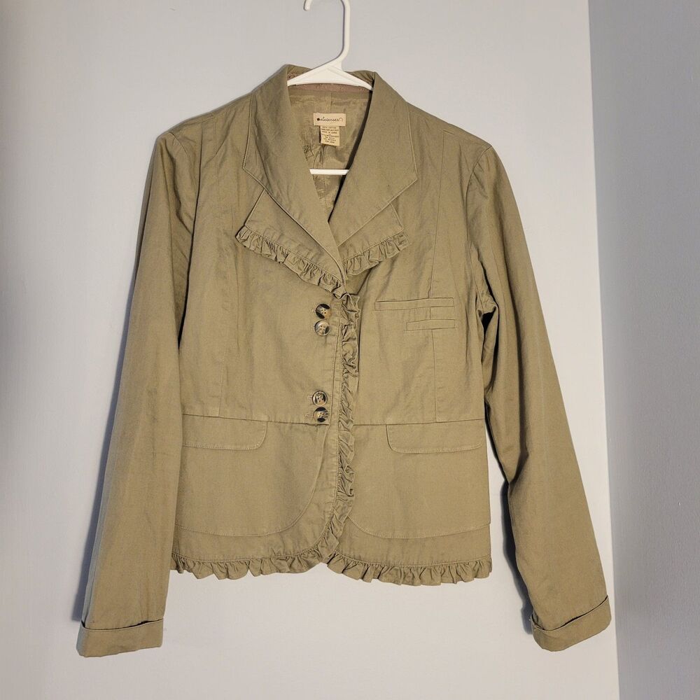 Anthropologie Elevenses Women's 10 Ruffle Blazer Olive Green Office Siren Cotton